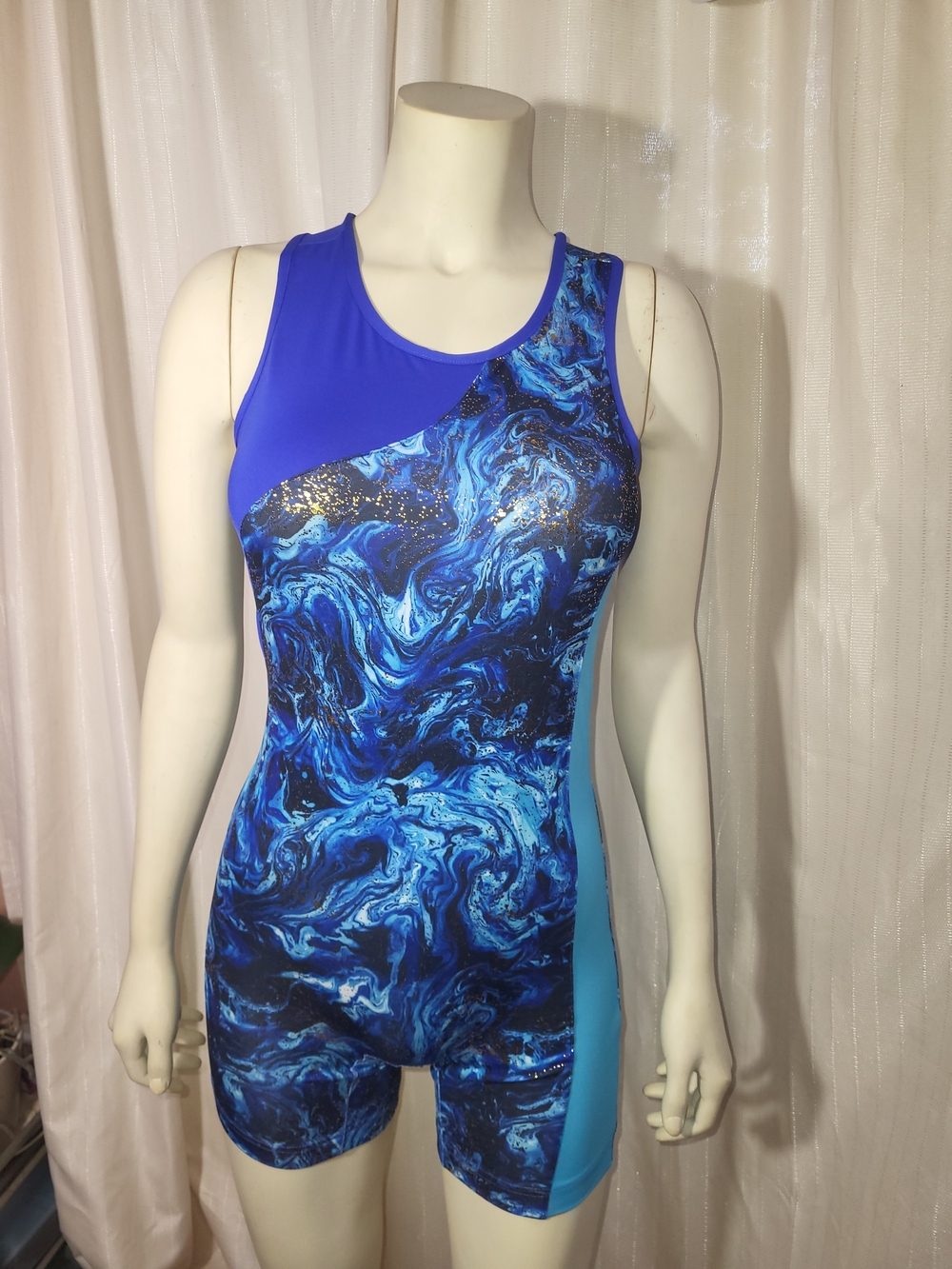 Danskin Now Girls Blue Marble Dance Or Gymnastics Unitard Girls XL (14-16)